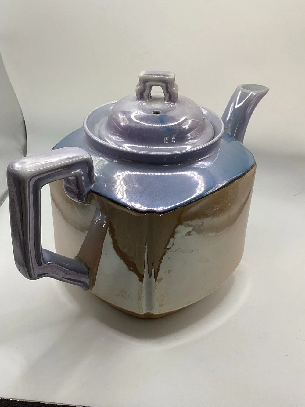 vintage, hand-painted lusterware teapot with floral, bird, tree painting
